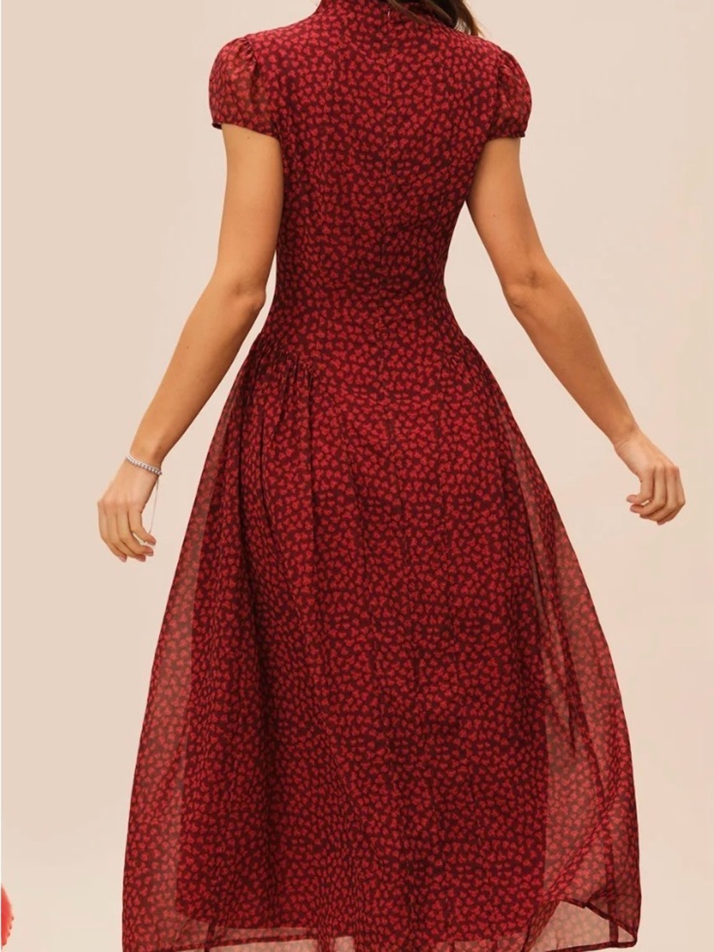 RIHOAS Burgundy Red Printed Midi Dress with Cap Sleeves - Picture 4 of 5